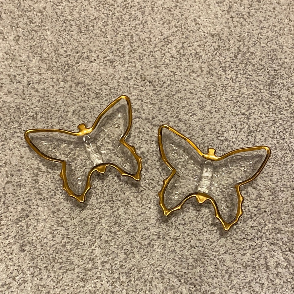 Glass Butterfly Trinket Dishes with Gold Trim vintage pair of mcm Jeanette glass